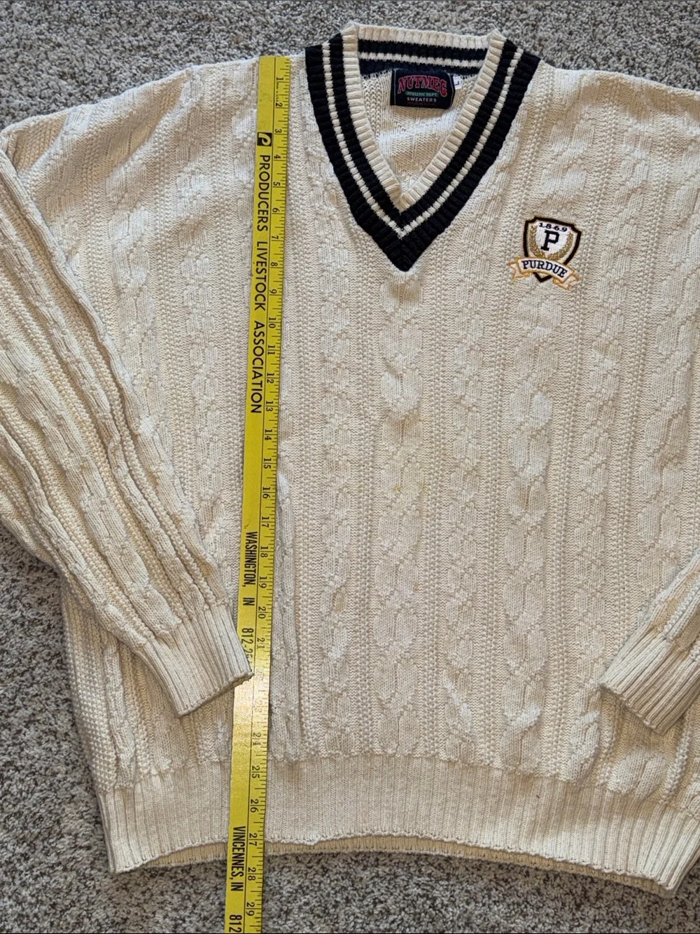 Purdue Crest Cable Knit V-Neck Sweater - Cream with Black Trim